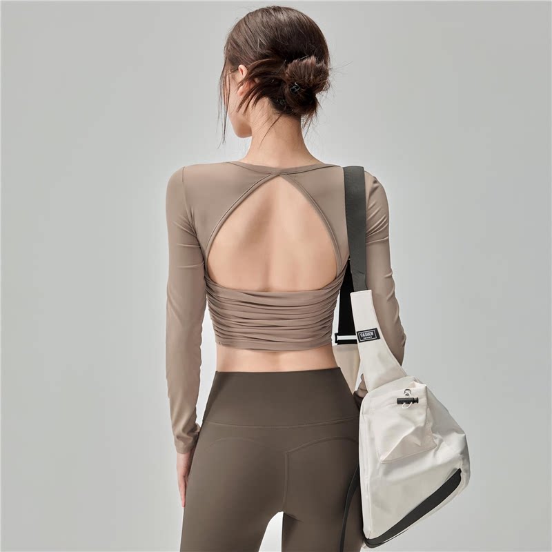 Pilates Yoga One - Damen-Langarm-Yoga-Top mit Brustpolstern, All-in-One-Lauf-Trainings-Sport-Fitness-Kleidung, Pilates